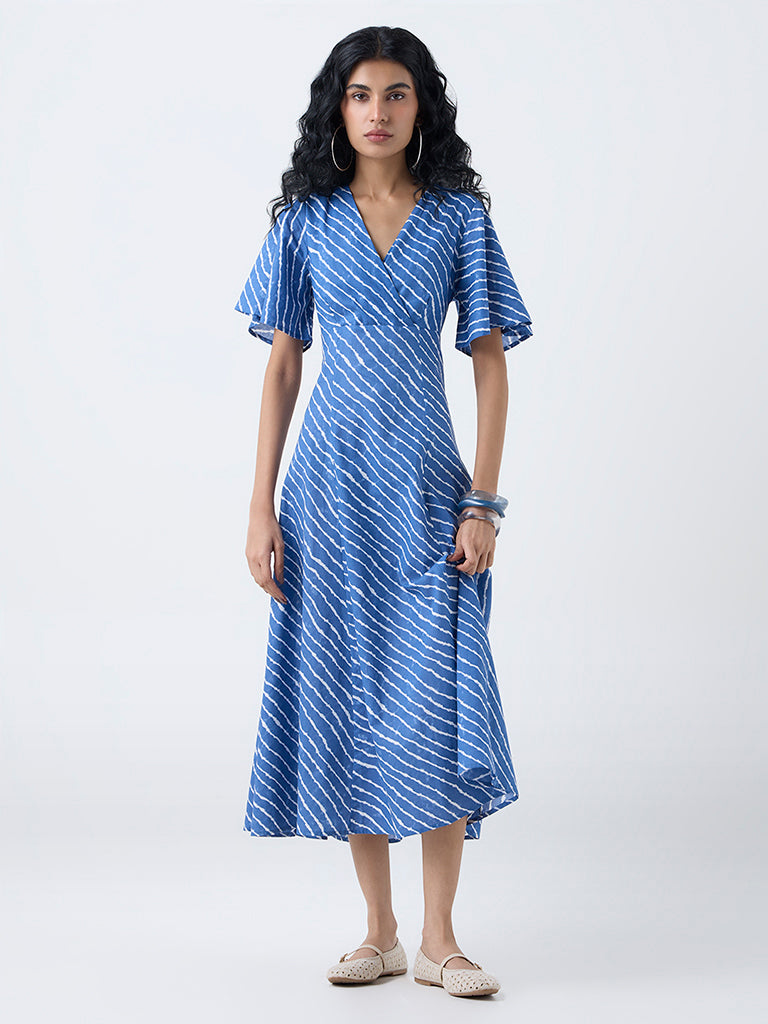 Bombay Paisley Blue Striped Cotton A-Line Dress