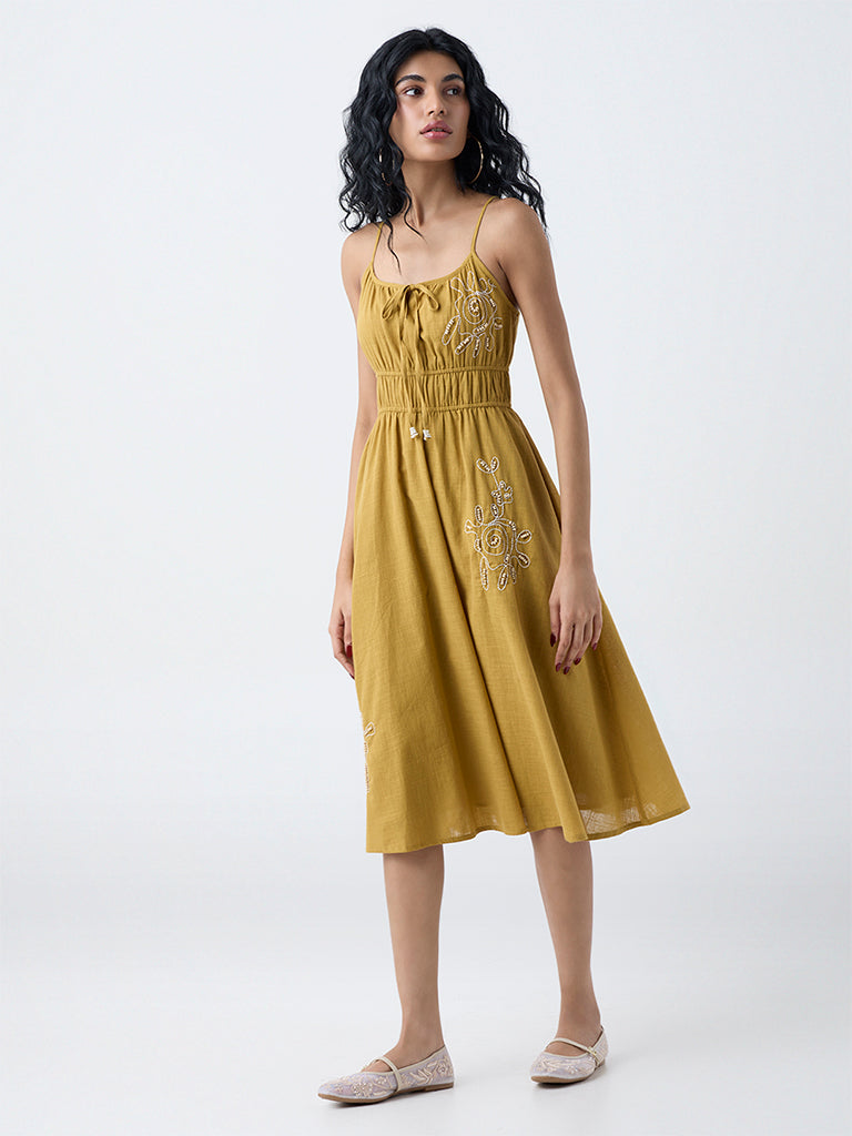 Bombay Paisley Yellow Embroidered Cotton A-Line Dress