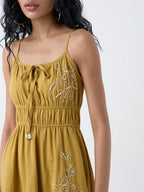 Bombay Paisley Yellow Embroidered Cotton A-Line Dress