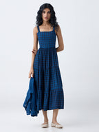 Bombay Paisley Dark Blue Checkered Tiered Dress with Jacket