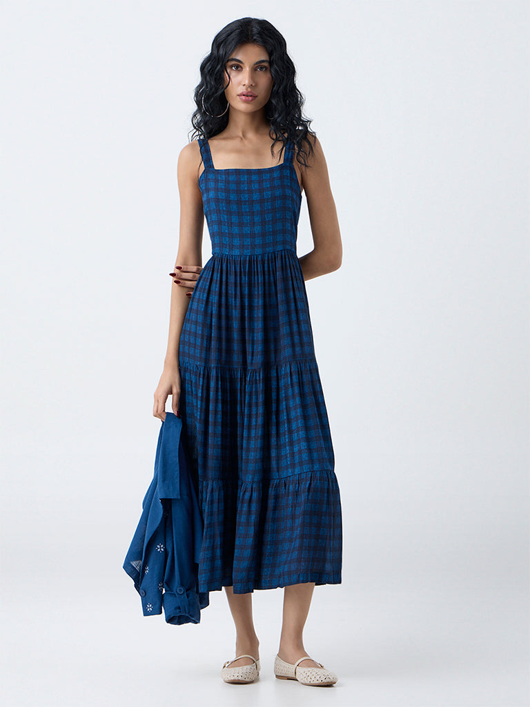 Bombay Paisley Dark Blue Checkered Tiered Dress with Jacket