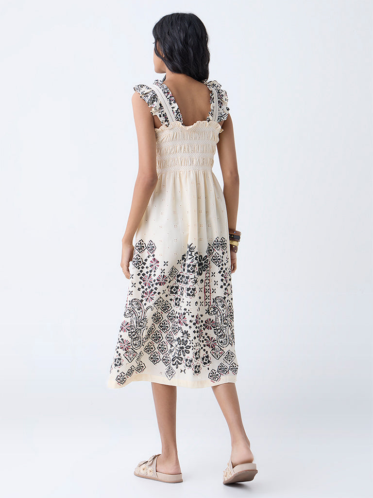 Bombay Paisley Cream Embroidered Cotton A-Line Dress