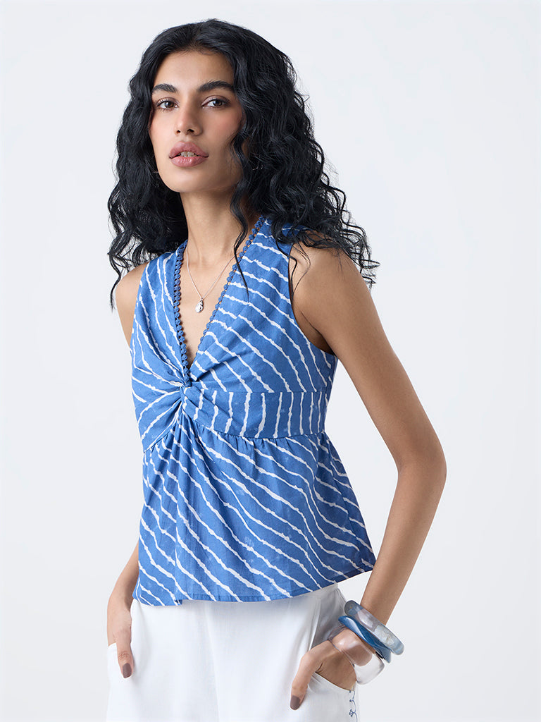 Bombay Paisley Blue Striped Ruched Cotton Top