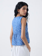 Bombay Paisley Blue Striped Ruched Cotton Top