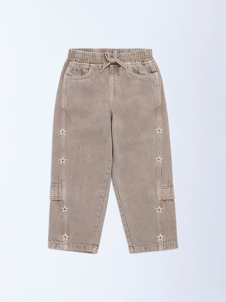 HOP Kids Brown Floral Embroidered High-Rise Jeans