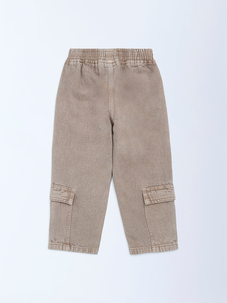 HOP Kids Brown Floral Embroidered High-Rise Jeans