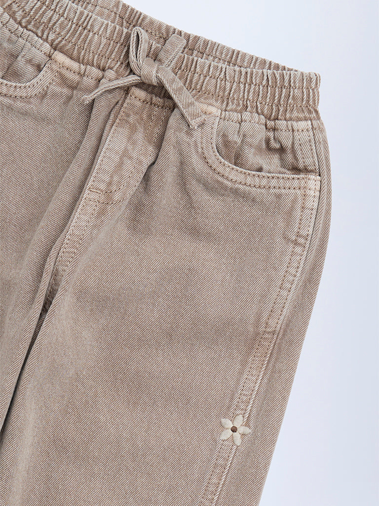 HOP Kids Brown Floral Embroidered High-Rise Jeans