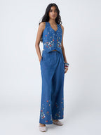 Bombay Paisley Blue Embroidered High-Rise Denim Pants