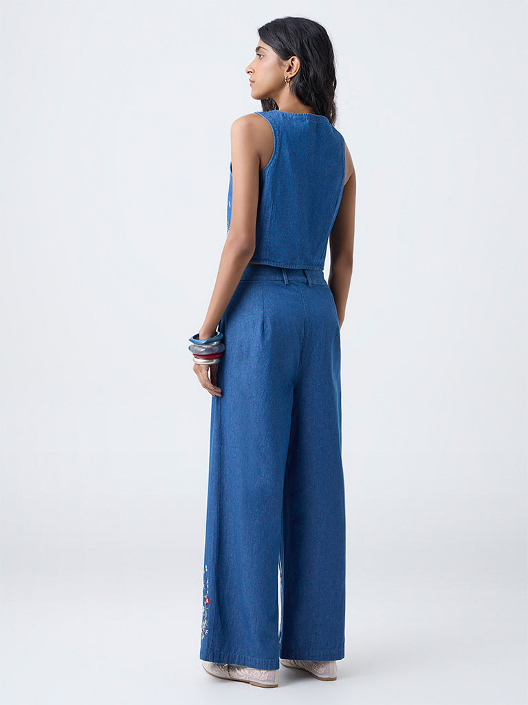 Bombay Paisley Blue Embroidered High-Rise Denim Pants