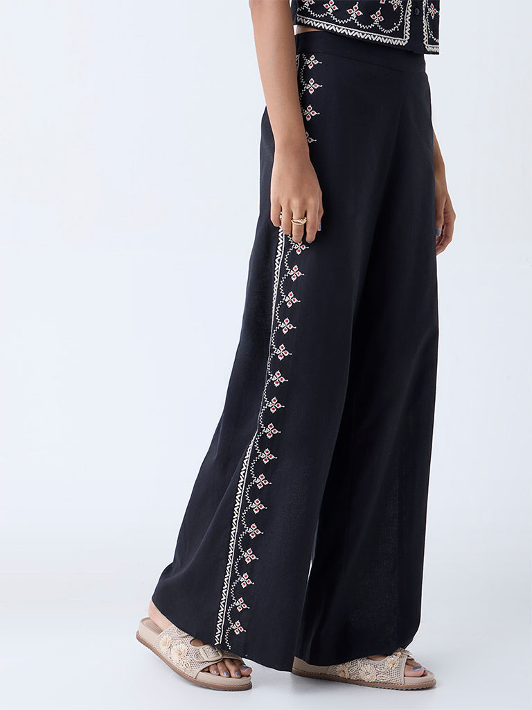 Bombay Paisley Black Embroidered Cotton Pants