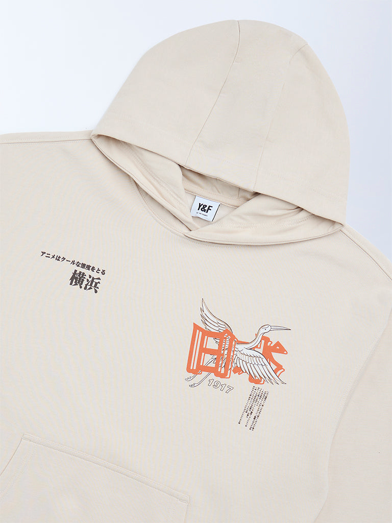 Y&F Kids Beige Printed Cotton-Blend Hoodie