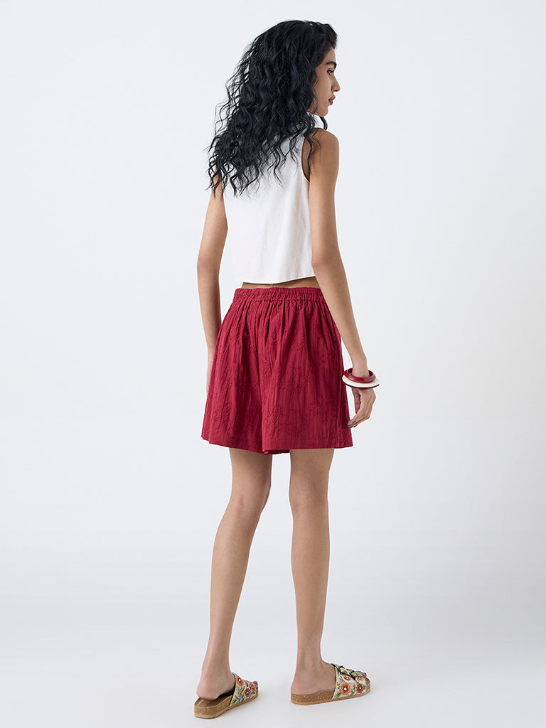 Bombay Paisley Red Embroidered Cotton Skorts
