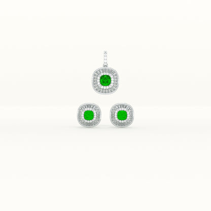 Green Crystal Halo 925 Sterling Silver Pendant Earring Set