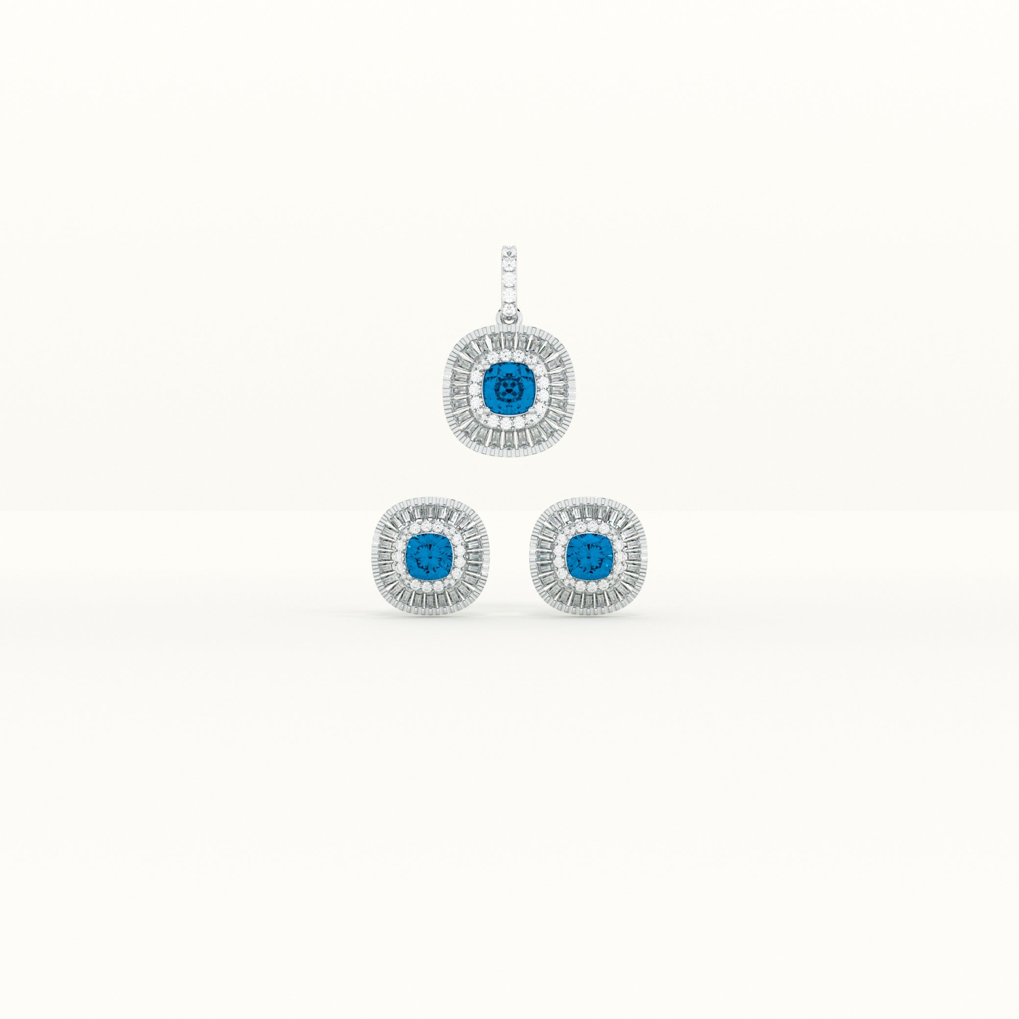 Blue Crystal Halo 925 Sterling Silver Pendant Earring Set