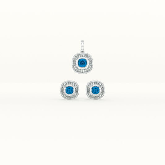 Blue Crystal Halo 925 Sterling Silver Pendant Earring Set