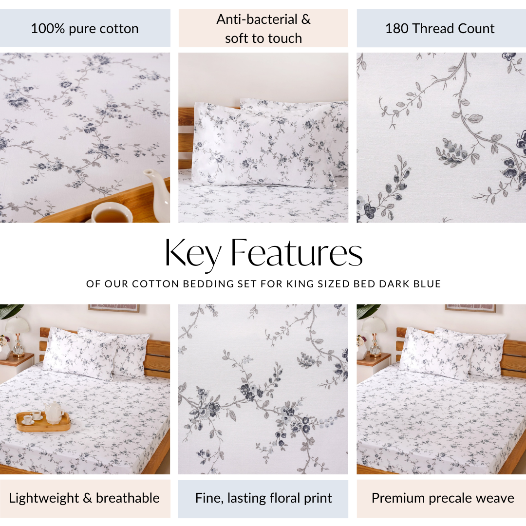 King Size Ultra Soft 100% Pure Cotton Bedding Set Dark Blue 275x275 cm
