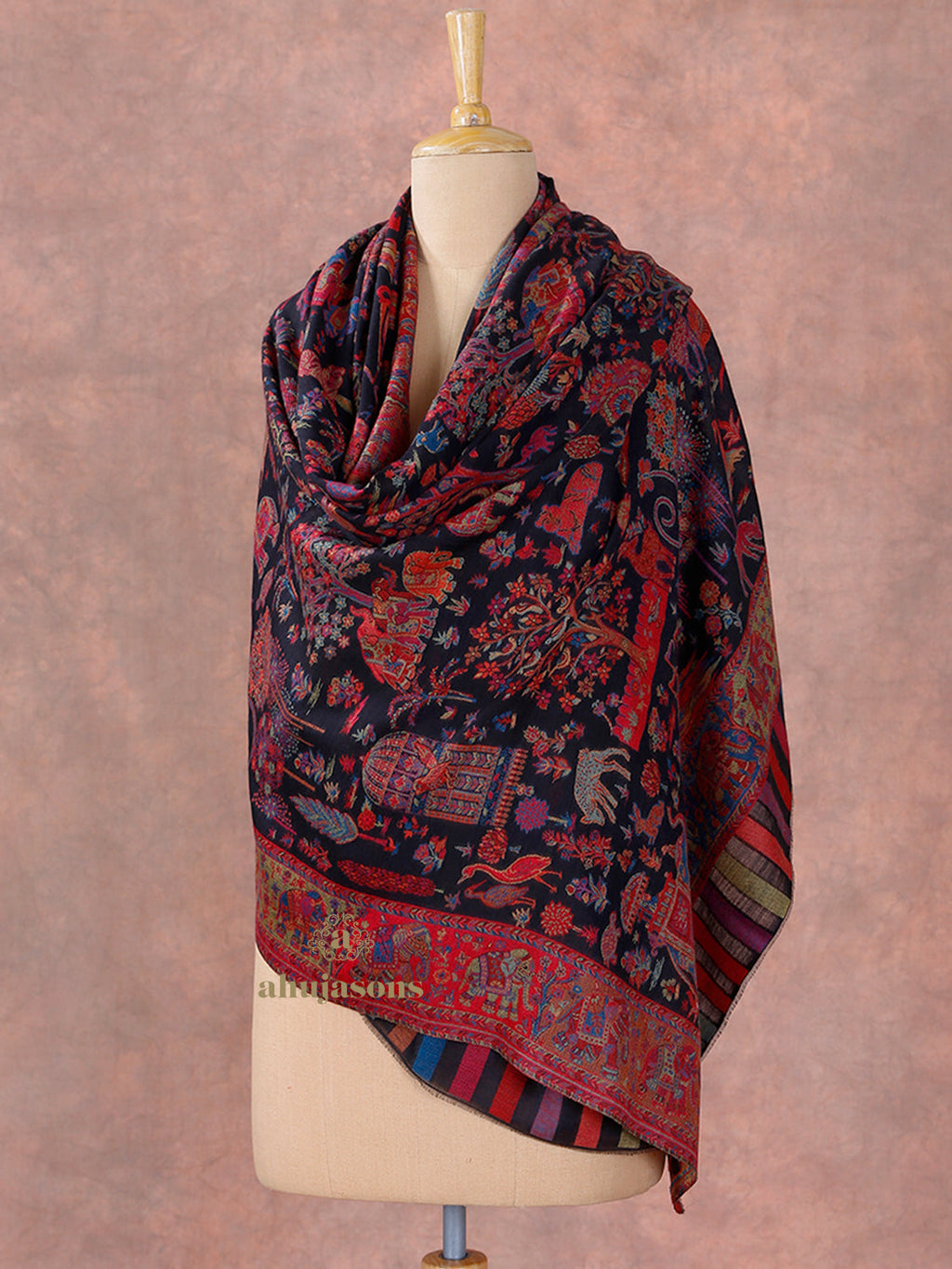 Classic Black Women's Woollen Shawl with Floral Pattern