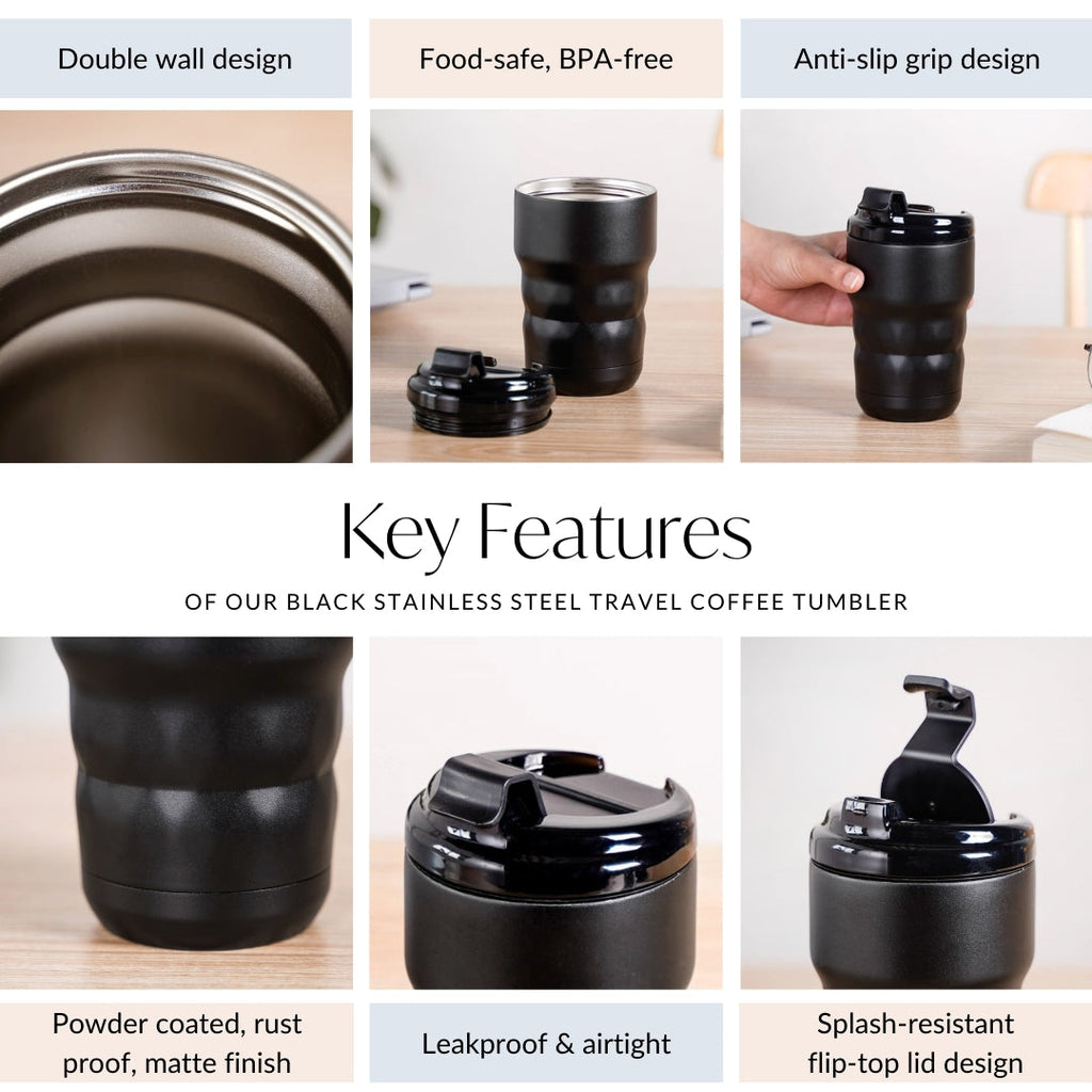Brewster Stainless Steel Spill Proof Coffee Tumbler Black Noir 350ml