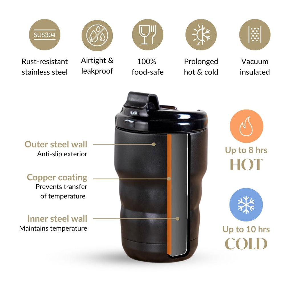 Brewster Stainless Steel Spill Proof Coffee Tumbler Black Noir 350ml