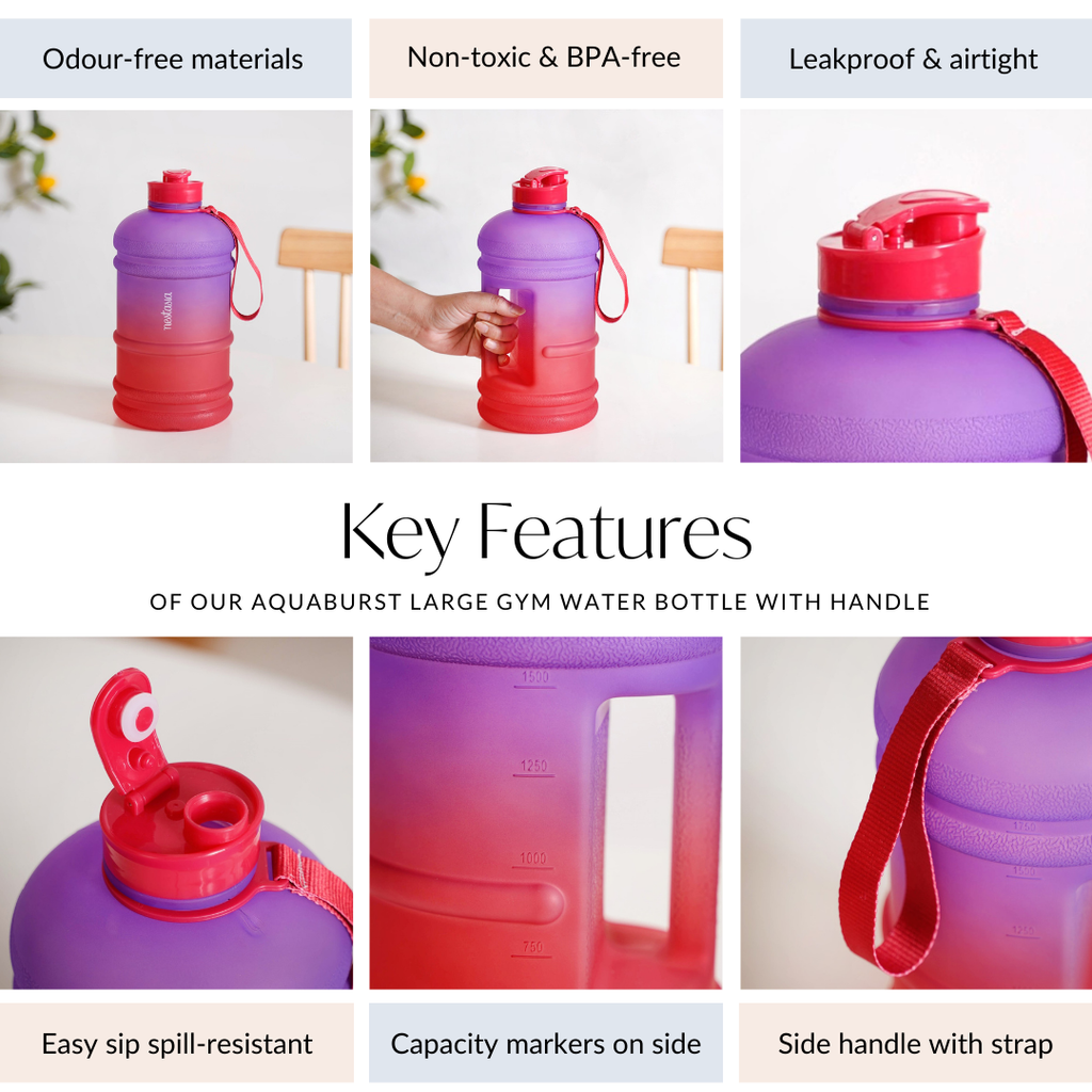 AquaBurst Large Gym Water Bottle With Handle Ombre Purple Red 2200ml