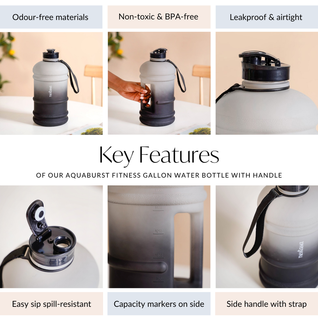 AquaBurst Fitness Gallon Water Bottle Ombre Grey Black 2200ml