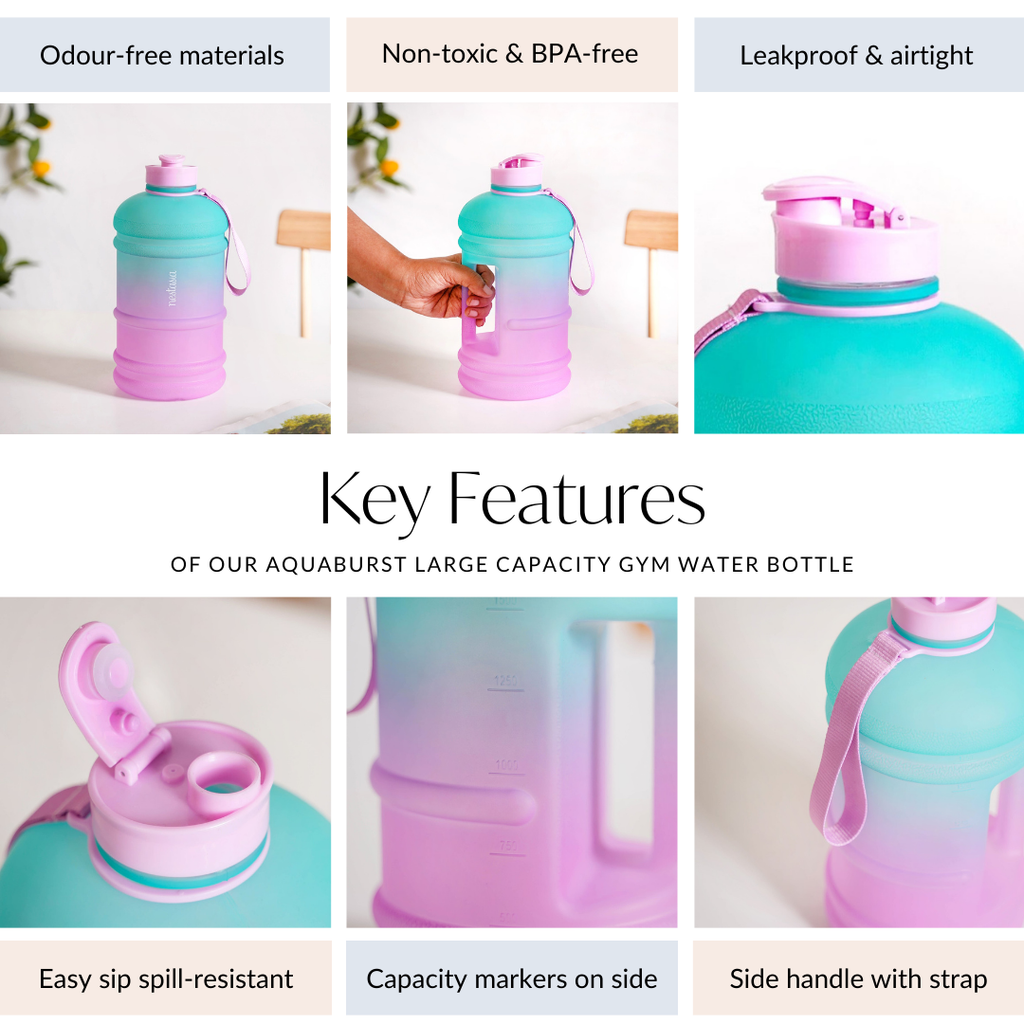 AquaBurst Large Capacity Gym Water Bottle Ombre Pink Turquoise 2200ml