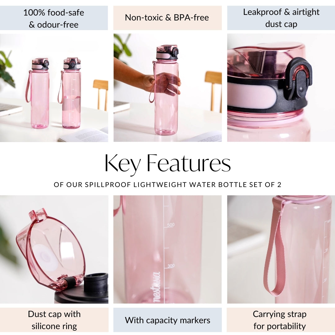 Aqualite Spillproof Water Bottle Set Of 2 Coral Sunset 1000ml