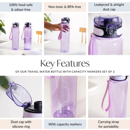 Aqualite Travel Water Bottles Set Of 2 Lavender Blush 1000ml