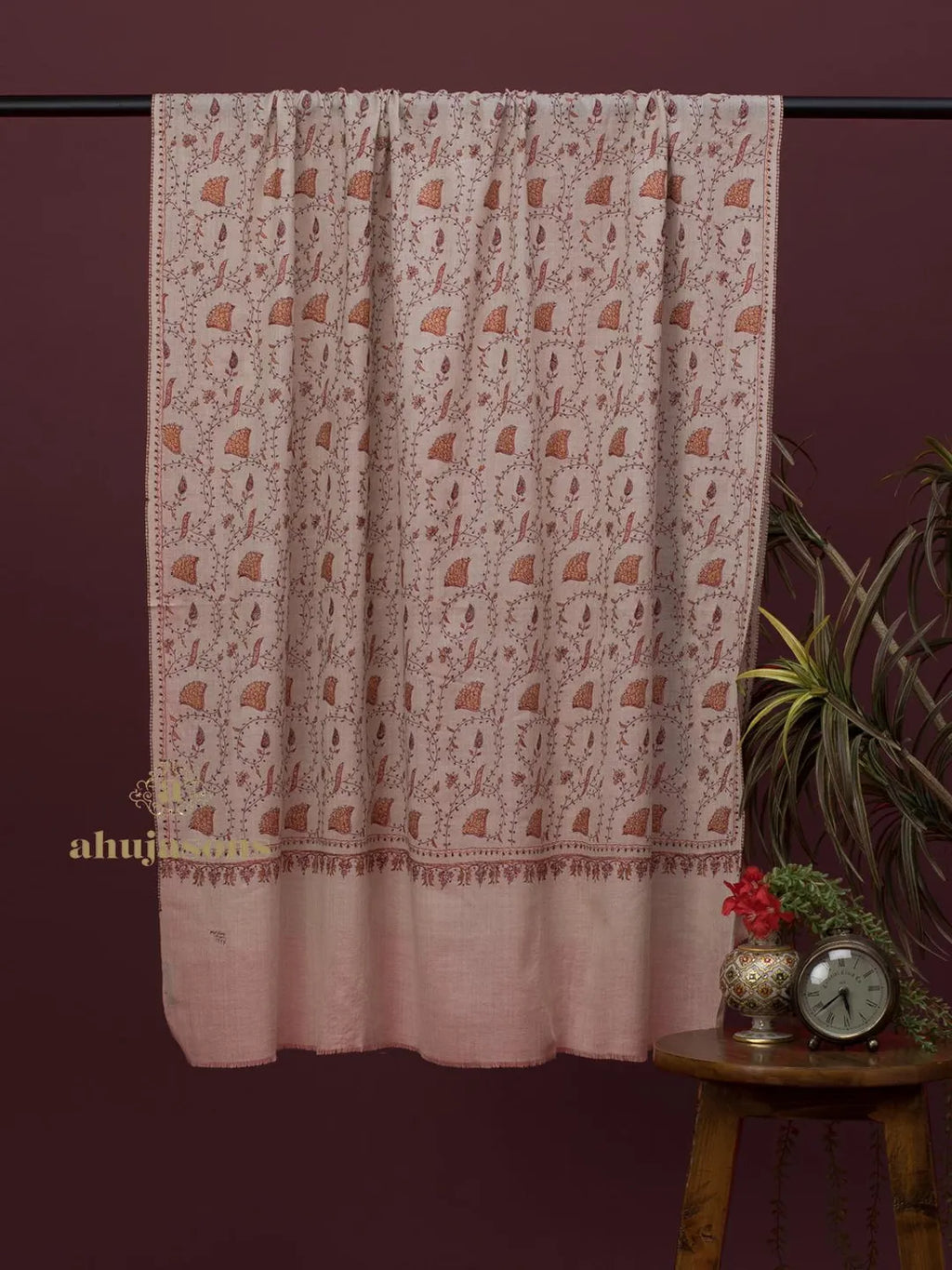 Classic Cashmina Shawl with Jaal Pattern in Beige