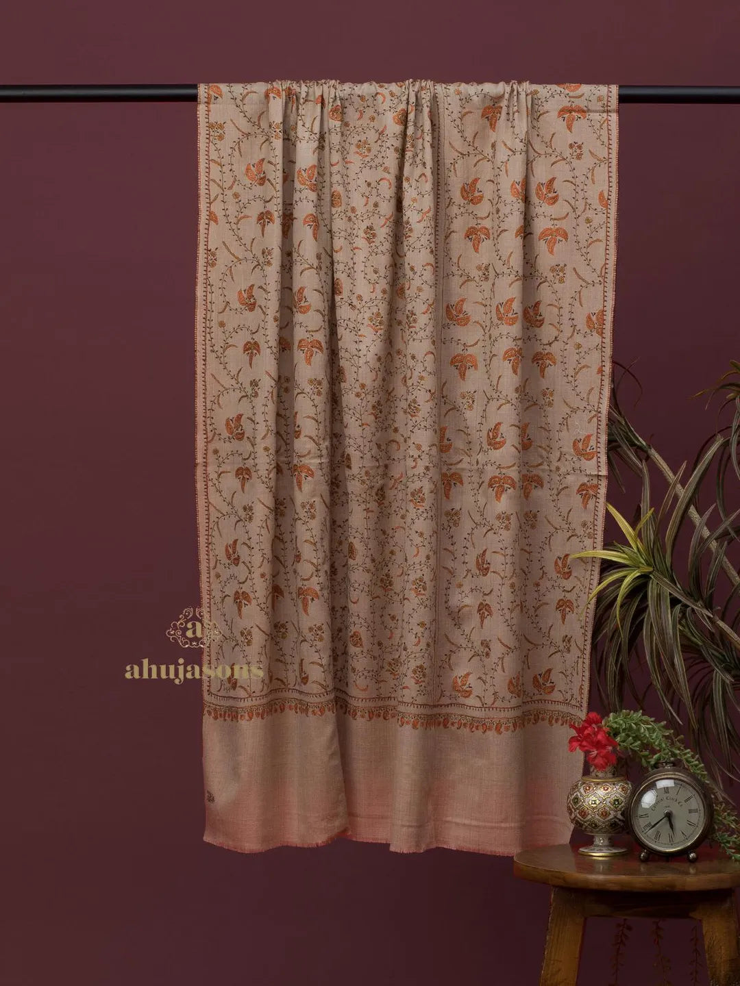 Classic Cashmina Shawl with Jaal Pattern in Beige