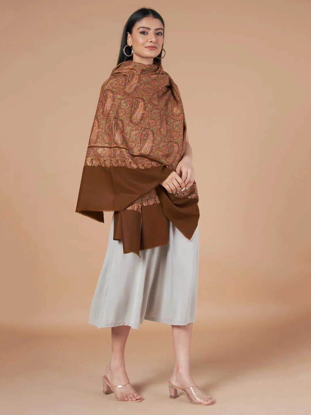 Classic Handloom Pashmina Shawl Jama Embroidery in Brown