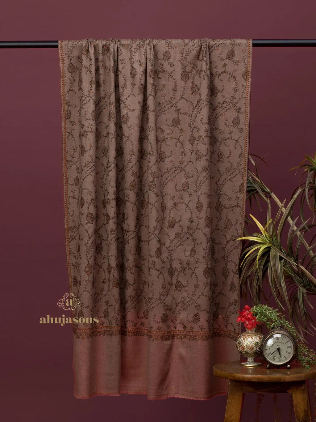 Classic Cashmina Shawl with Jaal Pattern in Beige