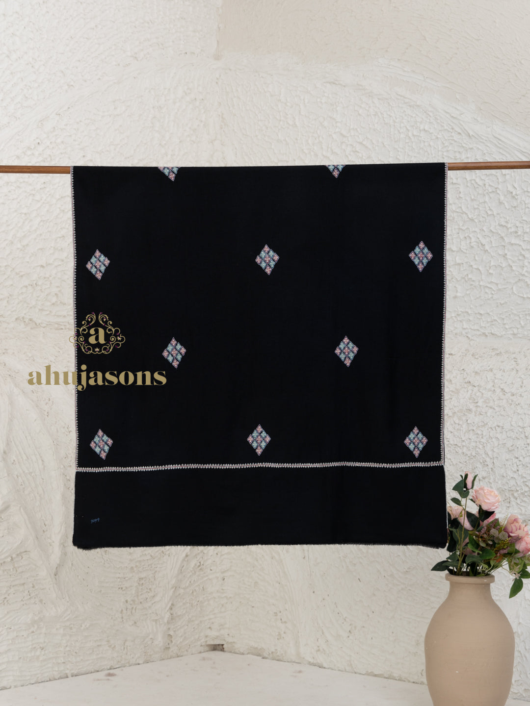 Black Handloom Pure Pashmina Shawl — Ornate Booti Embroidery