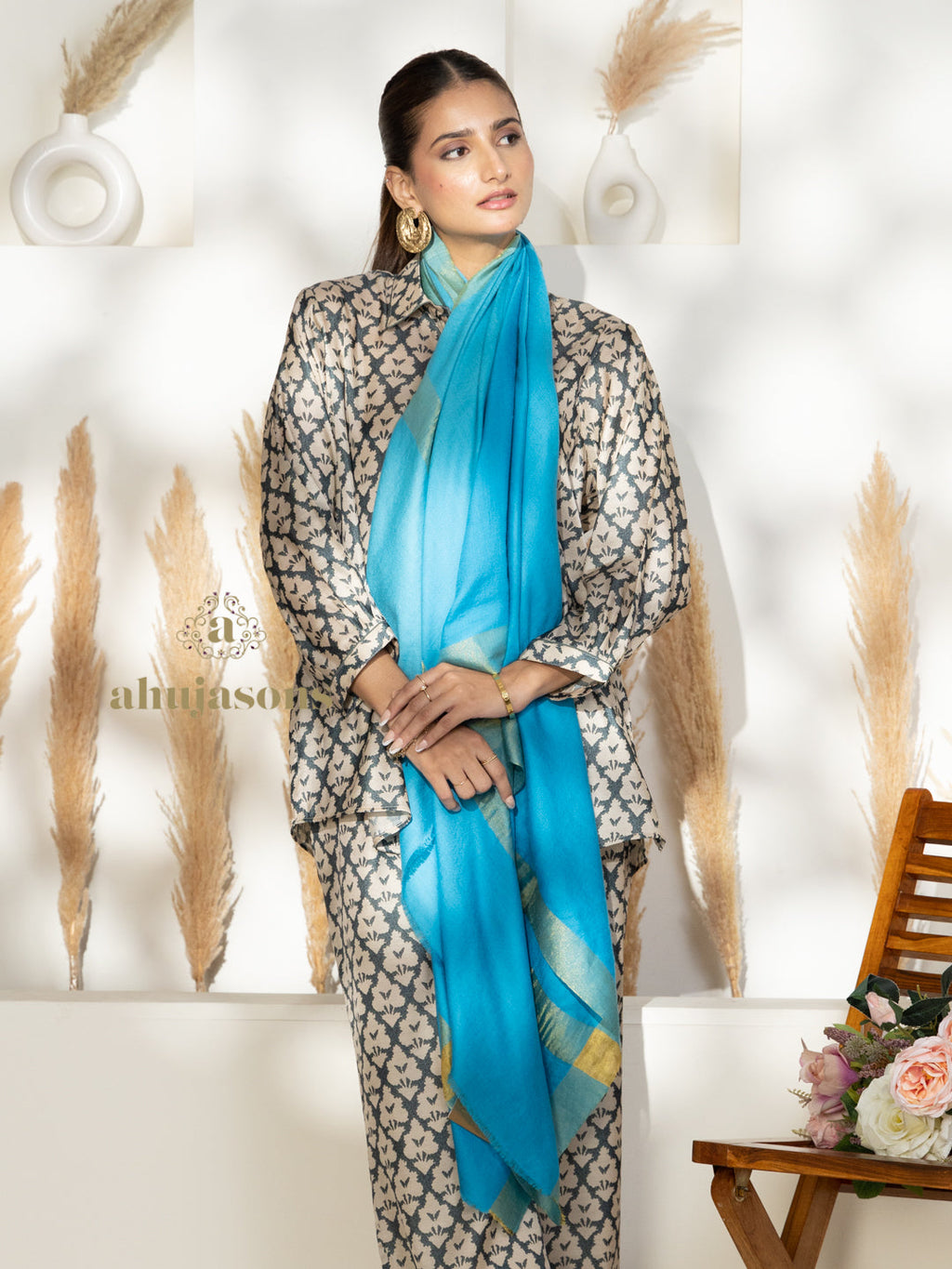 Blue Handloom Pure Pashmina Shawl accented by artisanal Contrast In Zari Border detailing