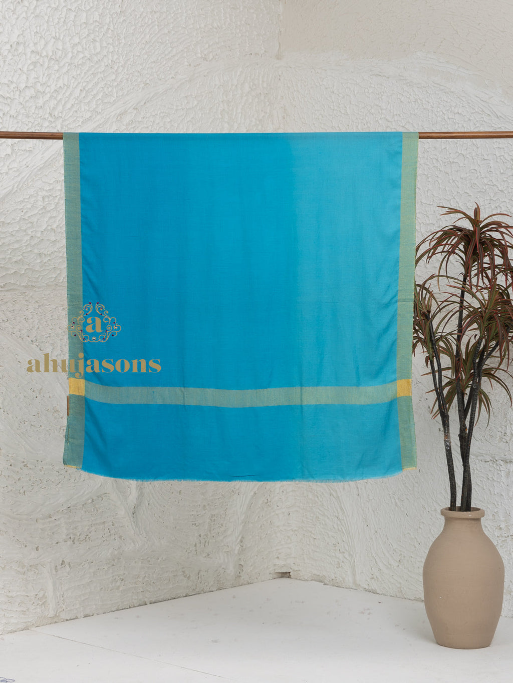 Blue Handloom Pure Pashmina Shawl accented by artisanal Contrast In Zari Border detailing