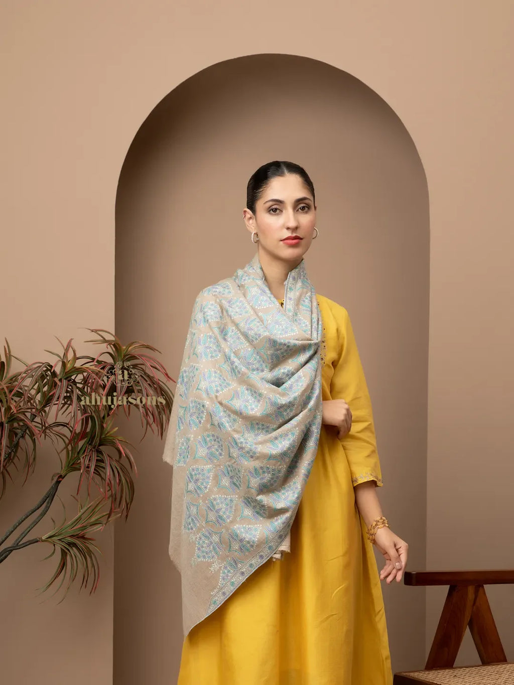 Elegant Handloom Pashmina Shawl Jama Embroidery in Beige