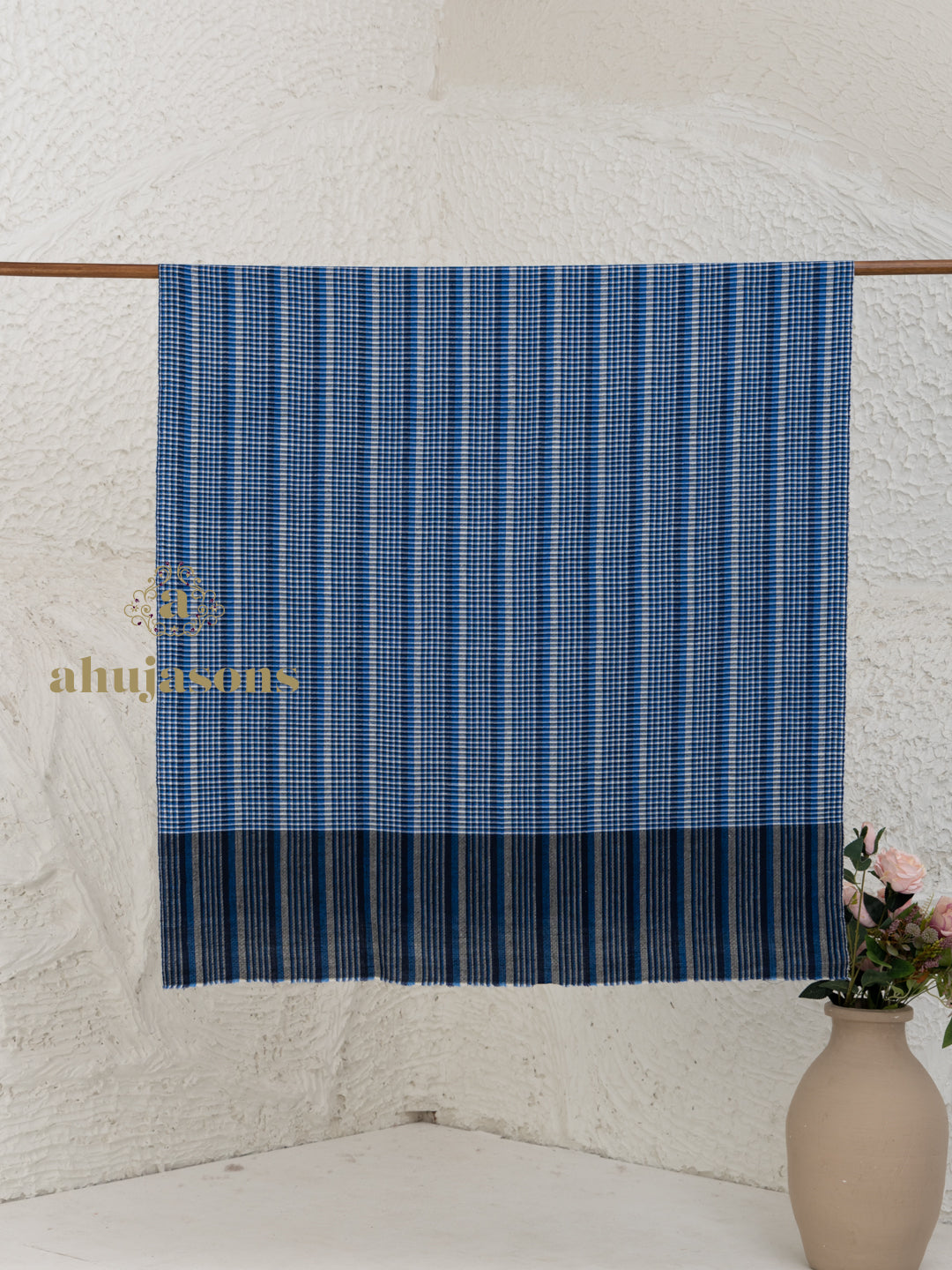 Dark Blue Handloom Pure Pashmina Shawl featuring Check Pattern