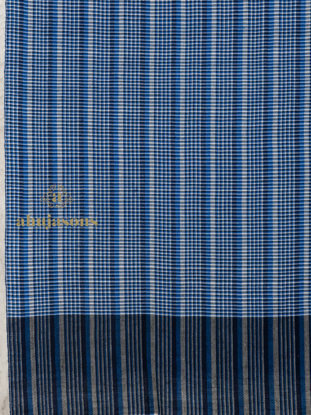 Dark Blue Handloom Pure Pashmina Shawl featuring Check Pattern