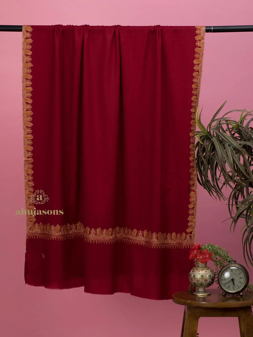 Classic Cashmina Shawl with Fancy Border Pattern in Maroon