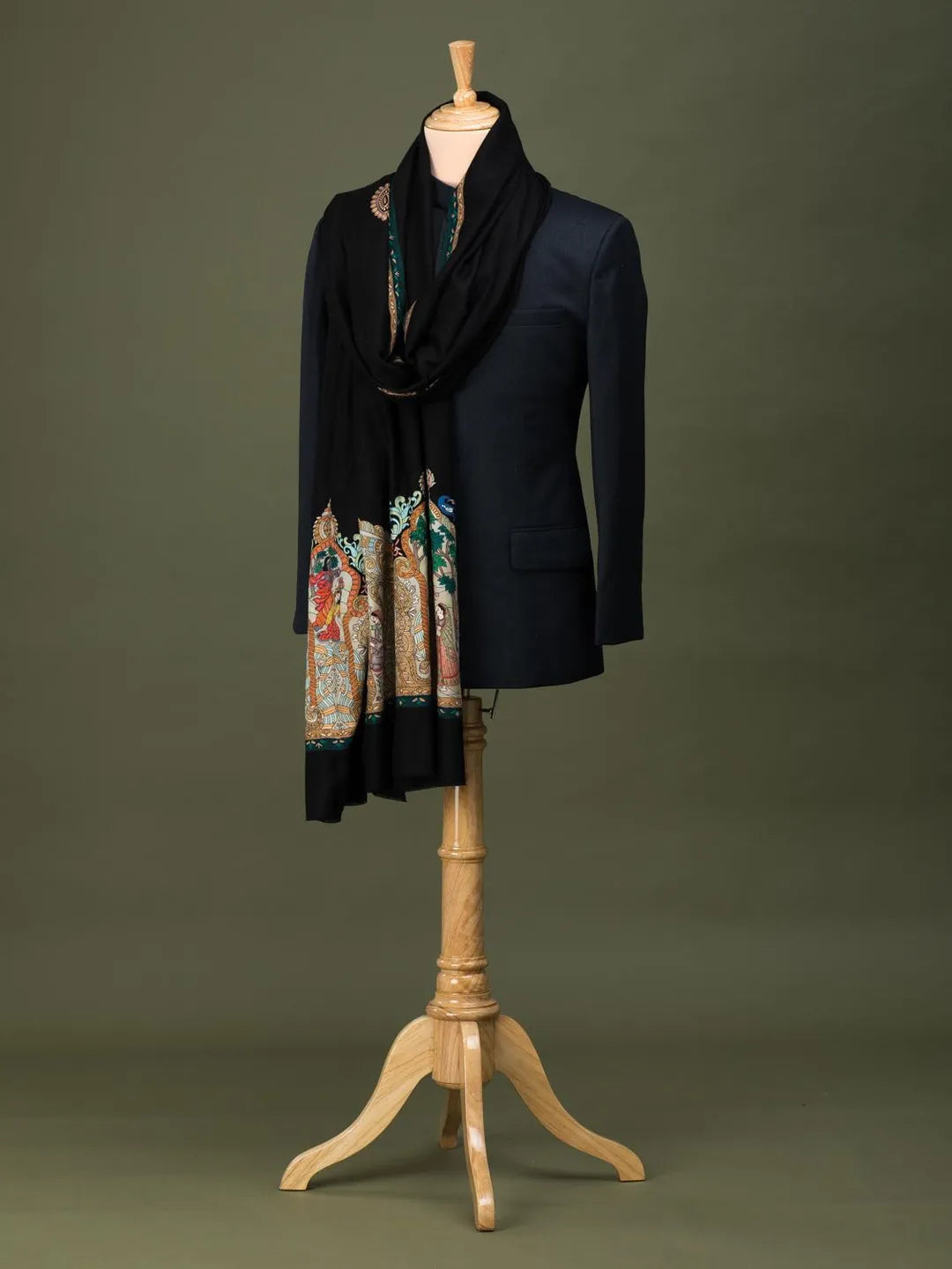 Classic Handloom Pashmina Kalamkari Shawl in Black for Men