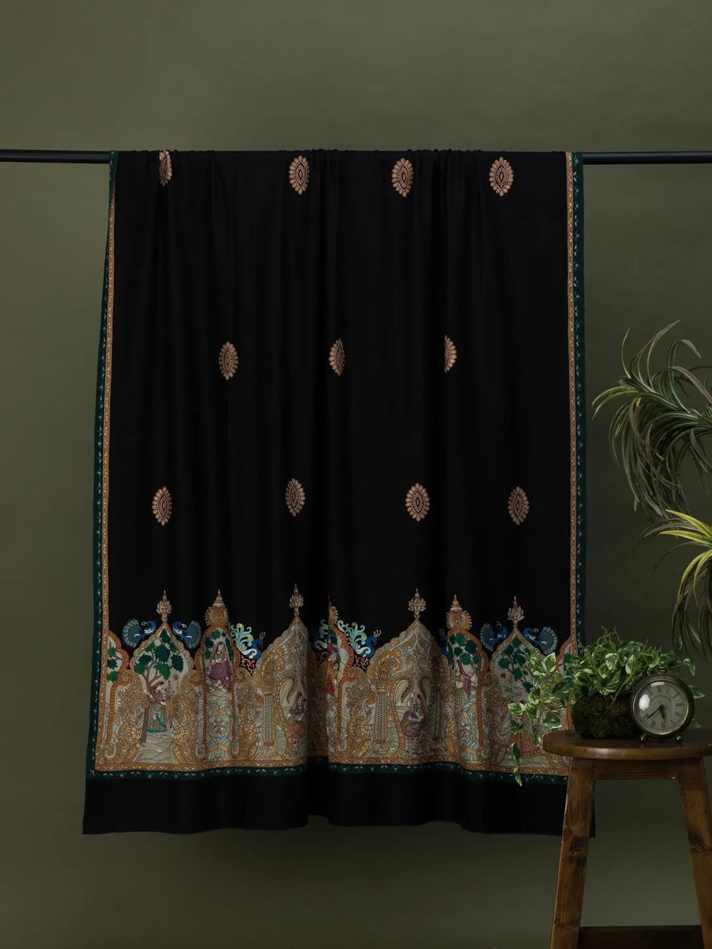 Classic Handloom Pashmina Kalamkari Shawl in Black for Men