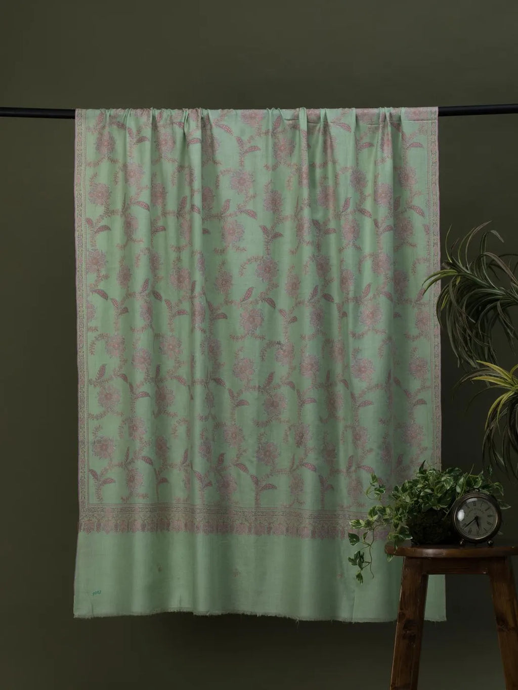 Classic Handloom Pashmina Shawl Jama Embroidery in Mint Green