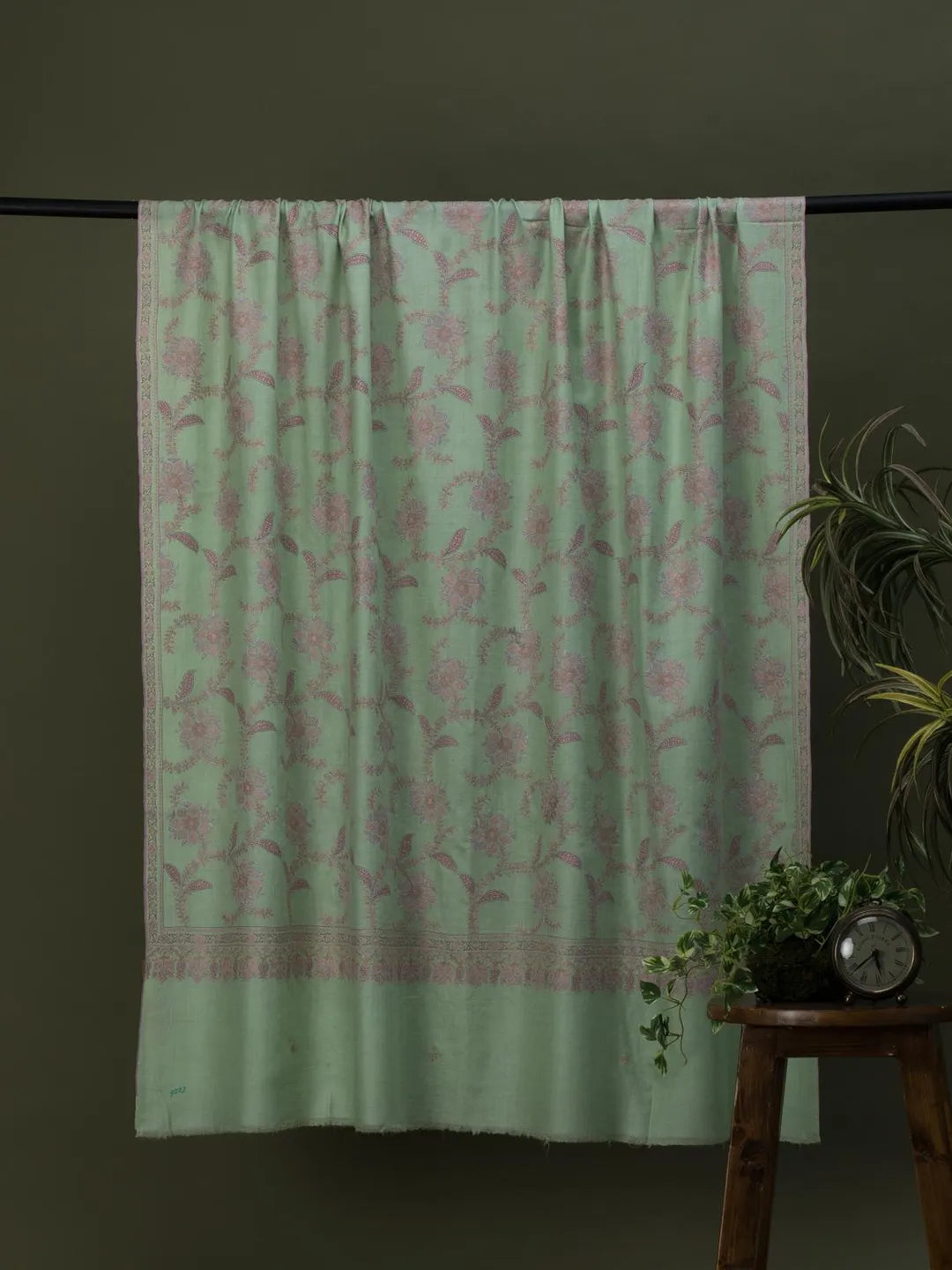 Classic Handloom Pashmina Shawl Jama Embroidery in Mint Green