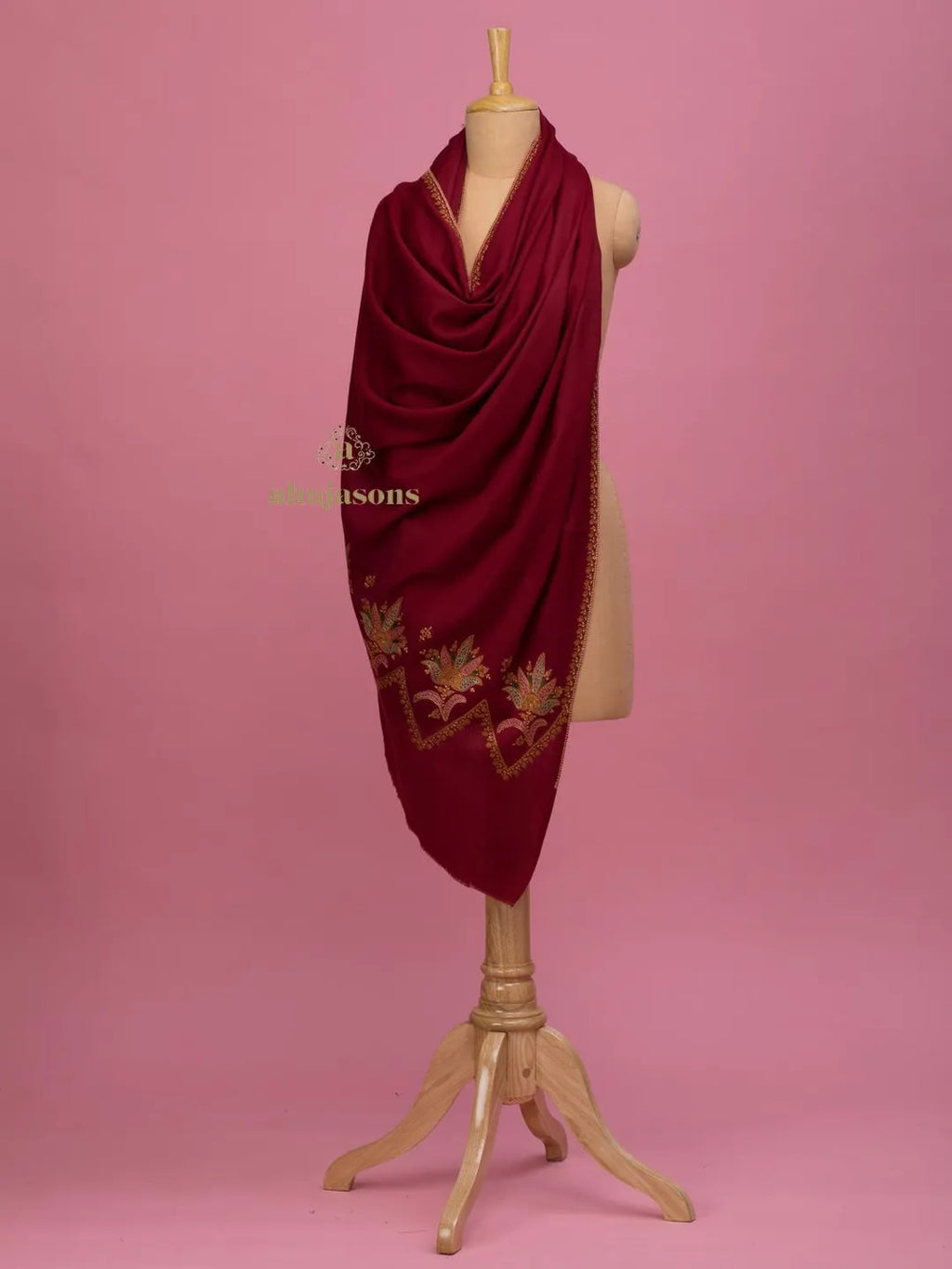Elegant Cashmina Shawl with Palla Pattern in Maroon