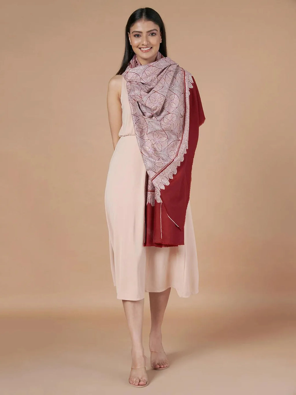 Elegant Handloom Pashmina Shawl Jama Embroidery in Maroon
