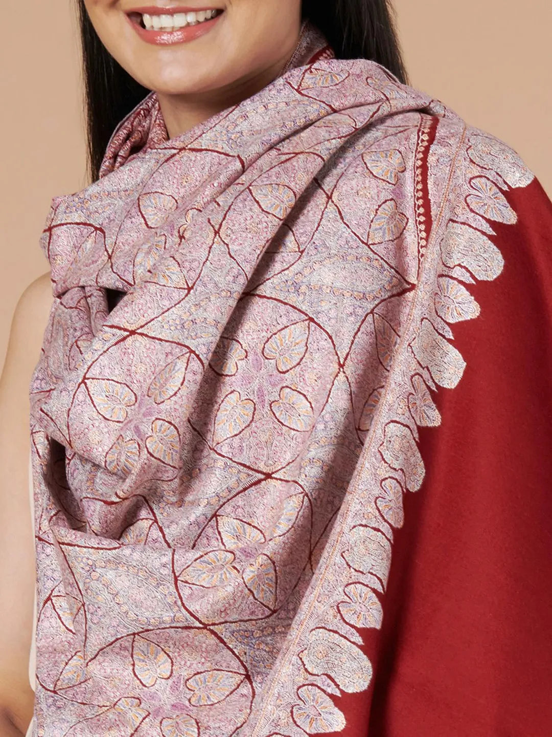 Elegant Handloom Pashmina Shawl Jama Embroidery in Maroon