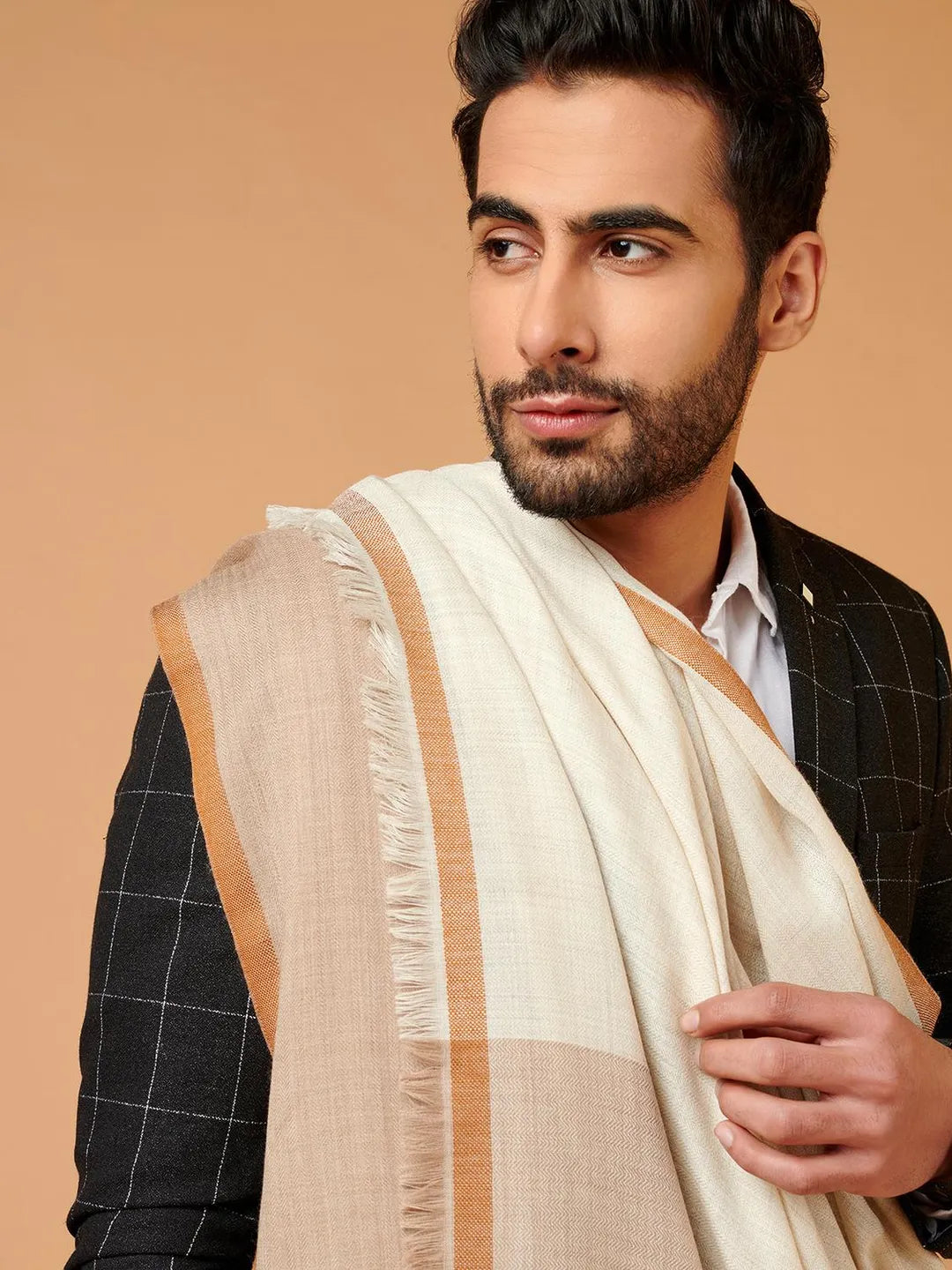 Elegant Shawl Wool Blend with Gents Kaani Pattern in Beige