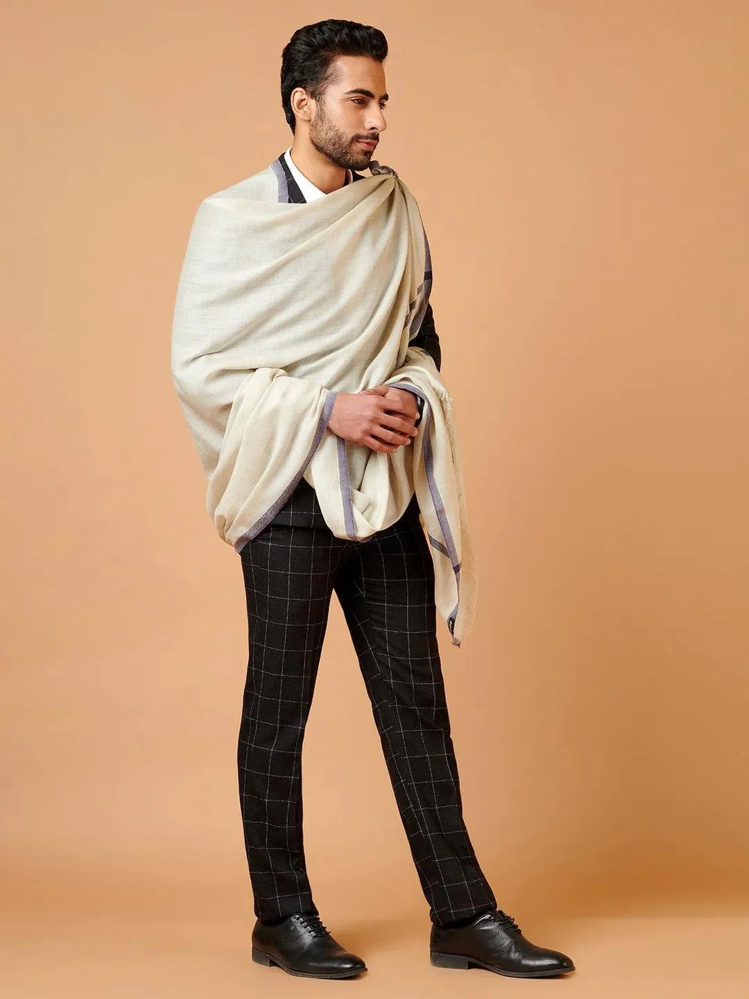 Classic Shawl Wool Blend with Gents Border in Off White