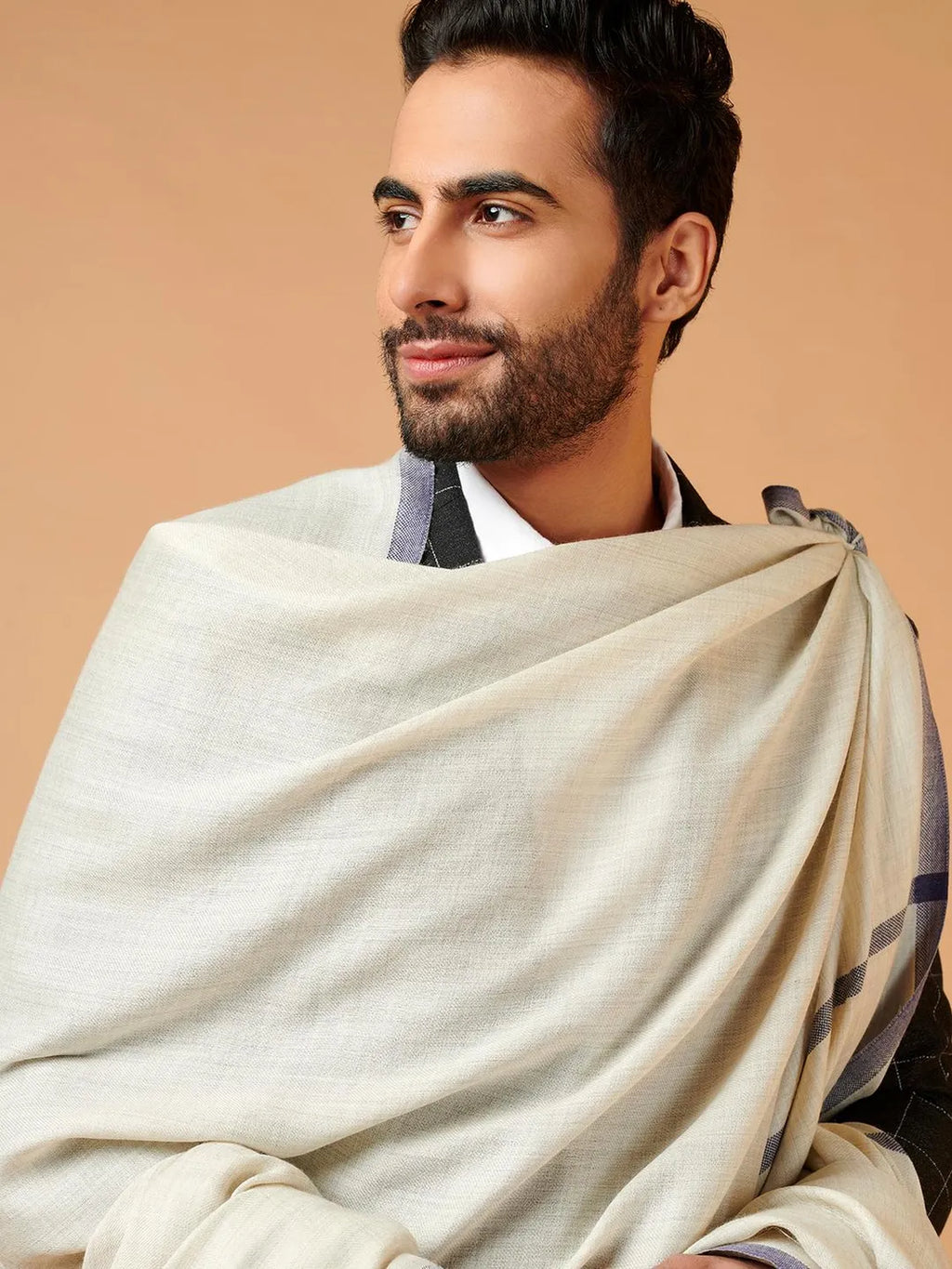 Classic Shawl Wool Blend with Gents Border in Off White