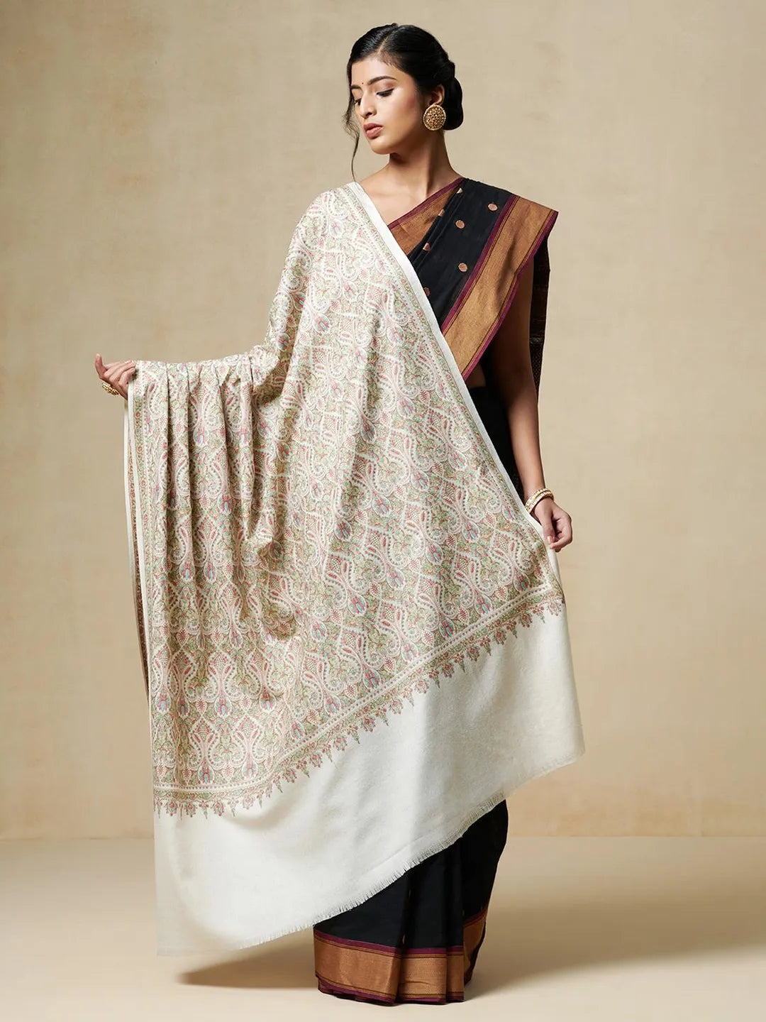 Classic Shawl Wool Blend with Jamawaar Pattern in Beige